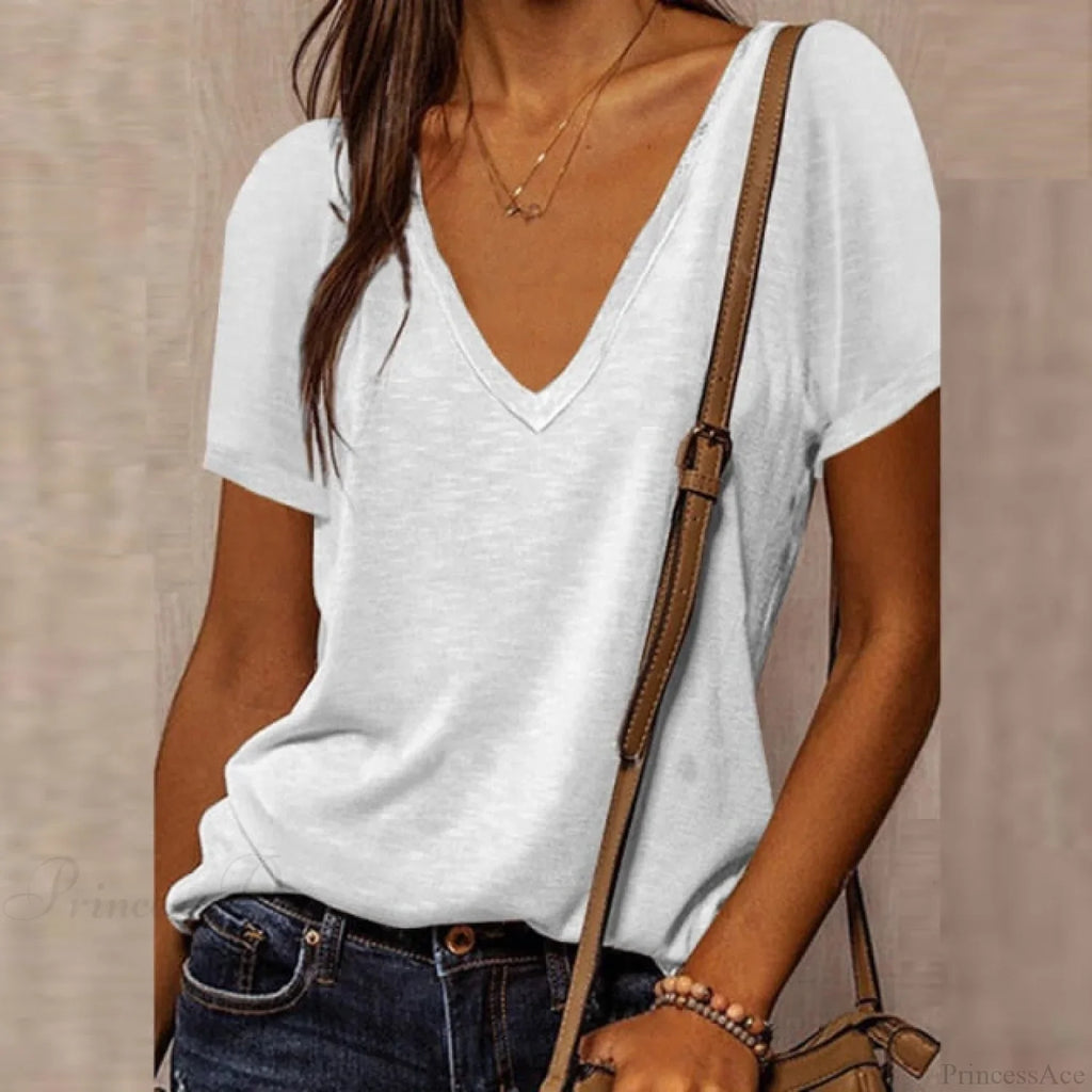 Solid Color Cotton V-Neck Loose T-Shirt