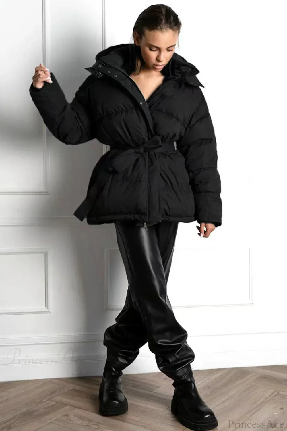 Solid Color Hooded Zippered Thickened Quilted Coat