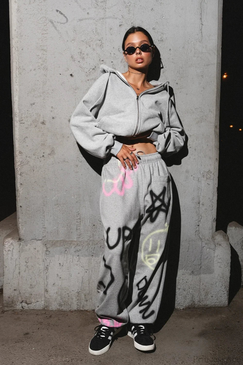 Solid Color Hoodie Colorful Graffiti Letter Casual Pants Two Piece Set