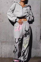 Solid Color Hoodie Colorful Graffiti Letter Casual Pants Two Piece Set
