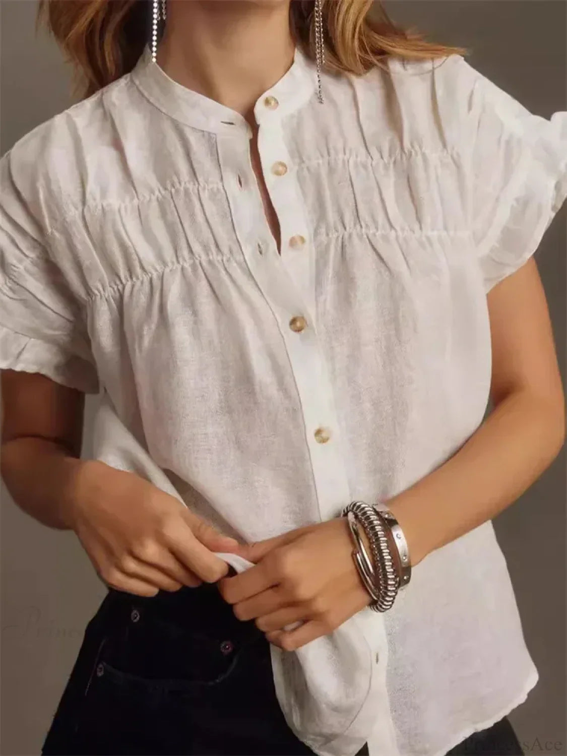 Solid Color Ruffle Short Sleeve Blouse
