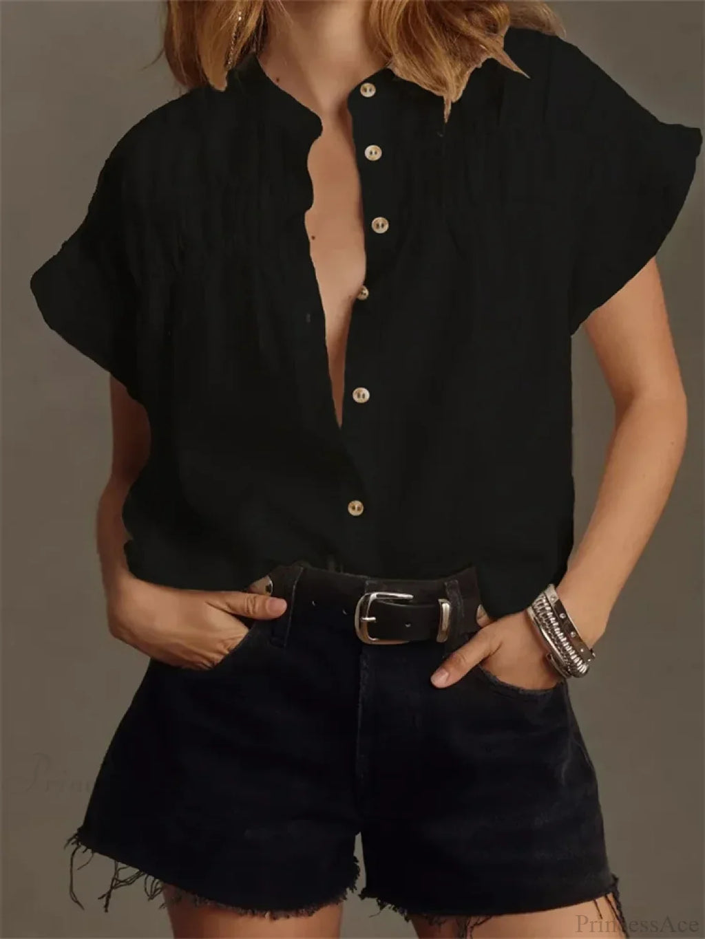 Solid Color Ruffle Short Sleeve Blouse