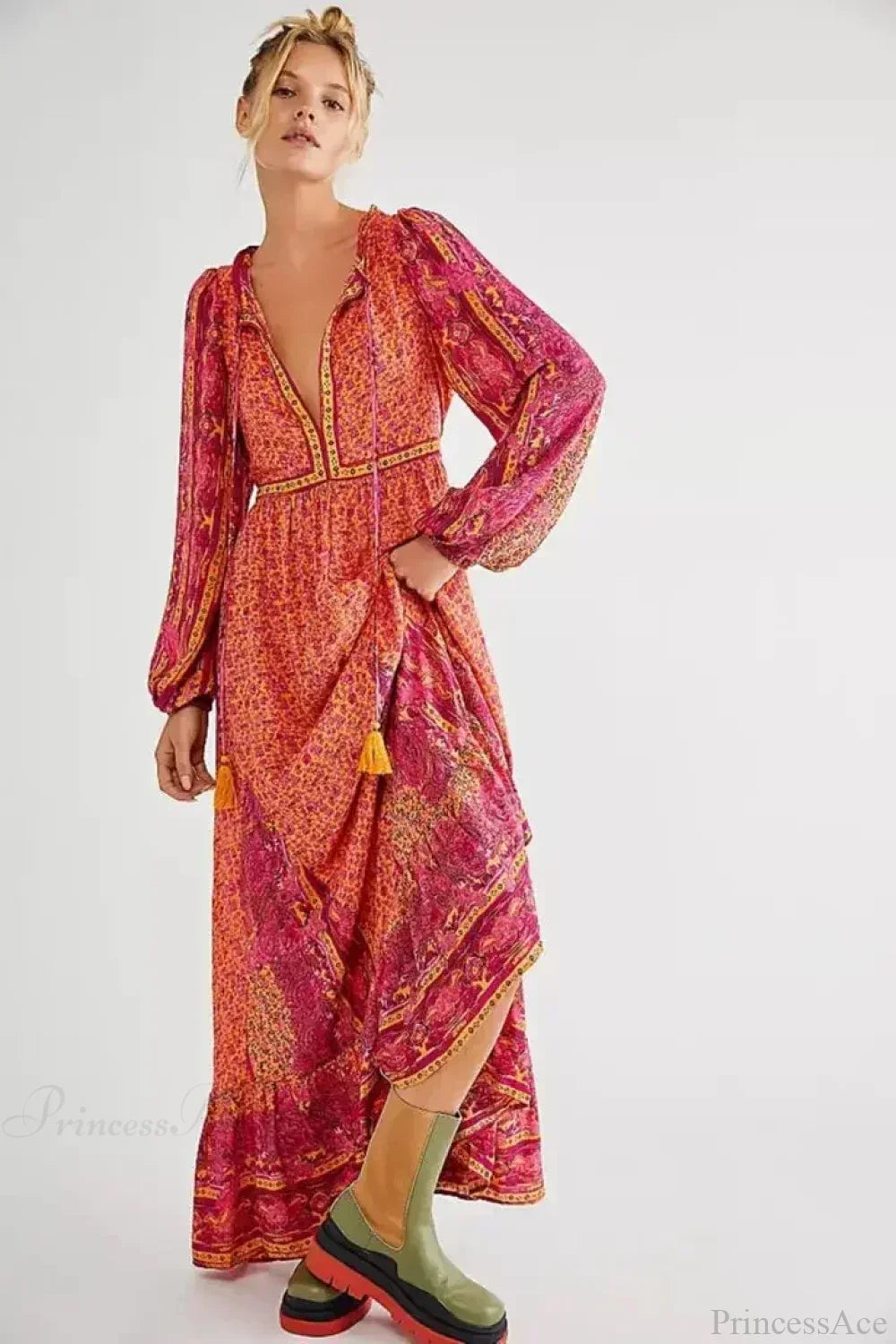 Solid Color V-Neck Flare Sleeve Summer Boho Dress