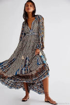Solid Color V-Neck Flare Sleeve Summer Boho Dress