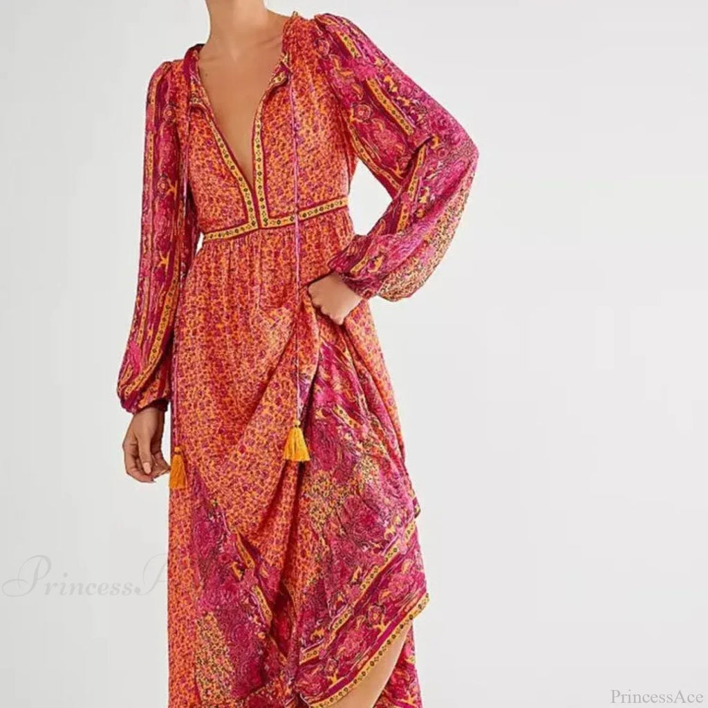 Solid Color V-Neck Flare Sleeve Summer Boho Dress