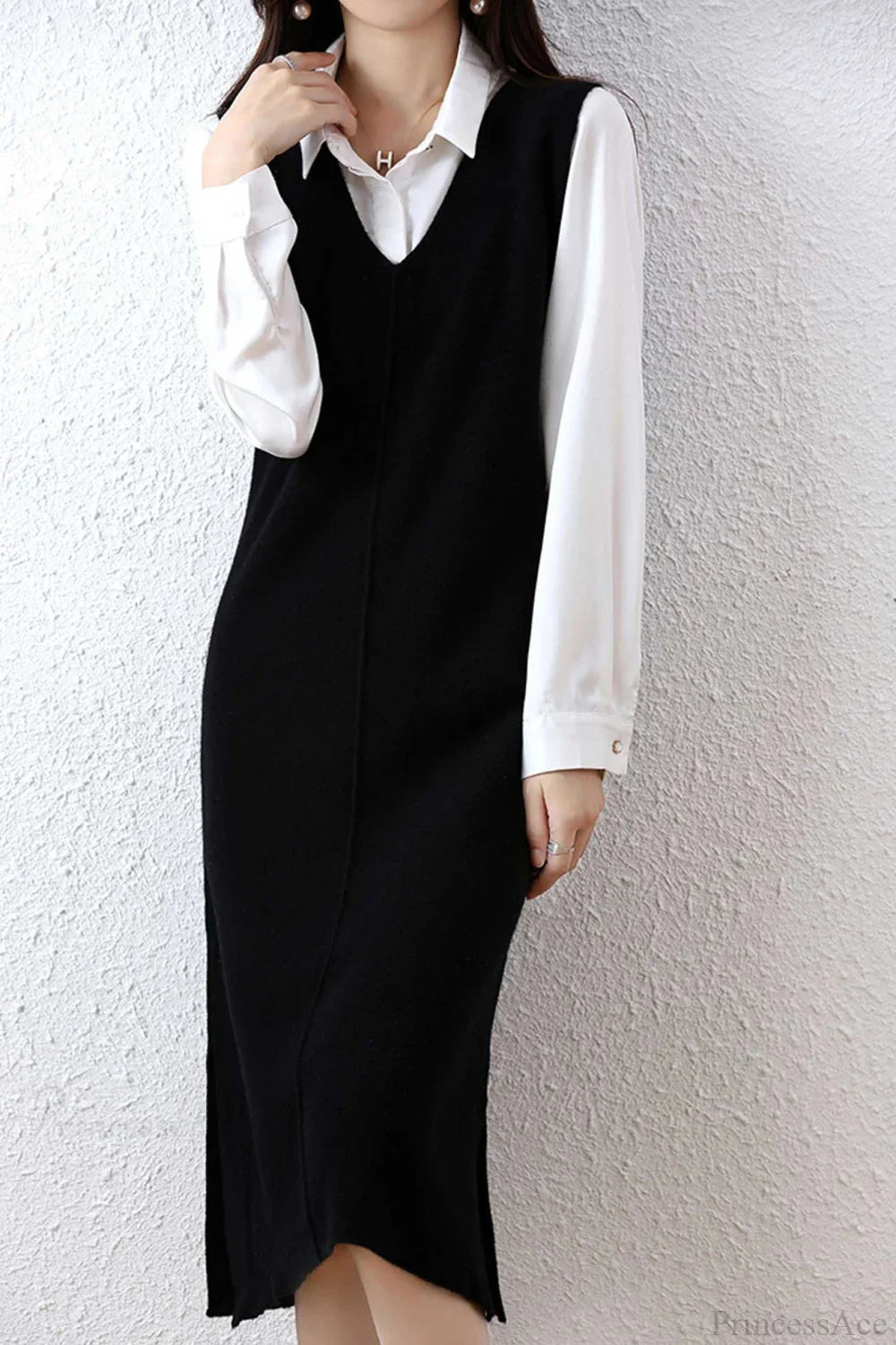 Solid Color Wool Tank Dress With V Neck