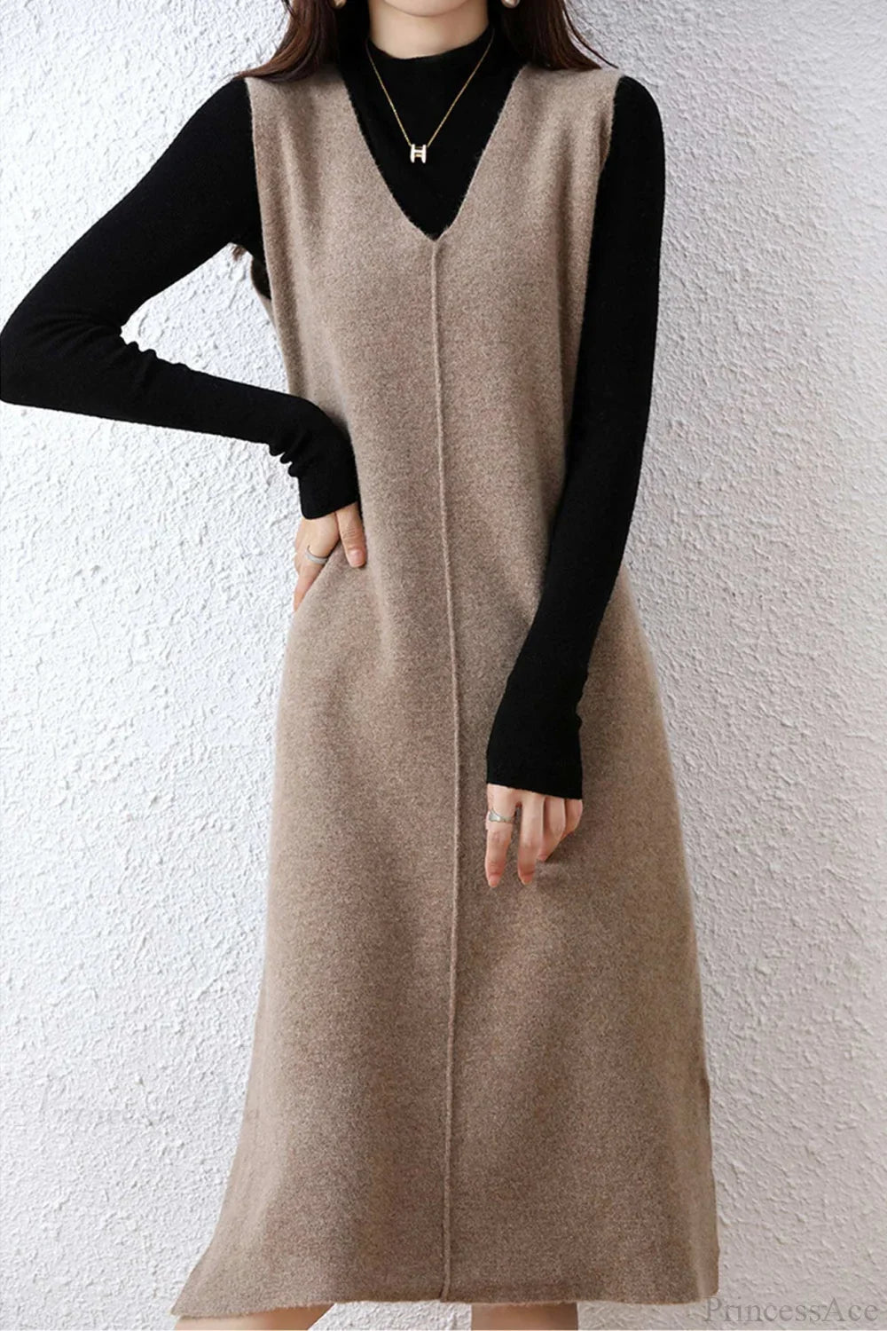 Solid Color Wool Tank Dress With V Neck