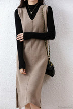Solid Color Wool Tank Dress With V Neck