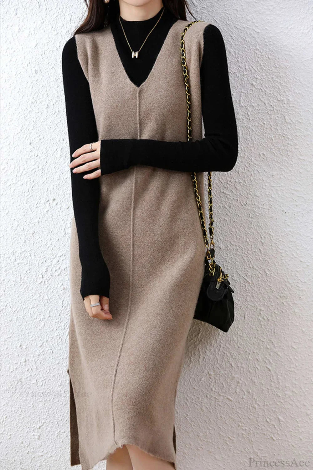 Solid Color Wool Tank Dress With V Neck