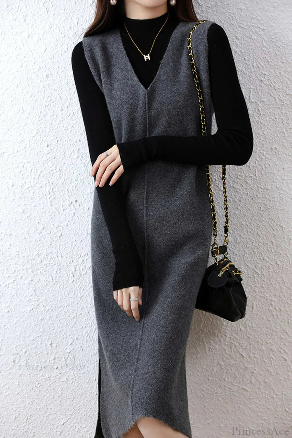 Solid Color Wool Tank Dress With V Neck
