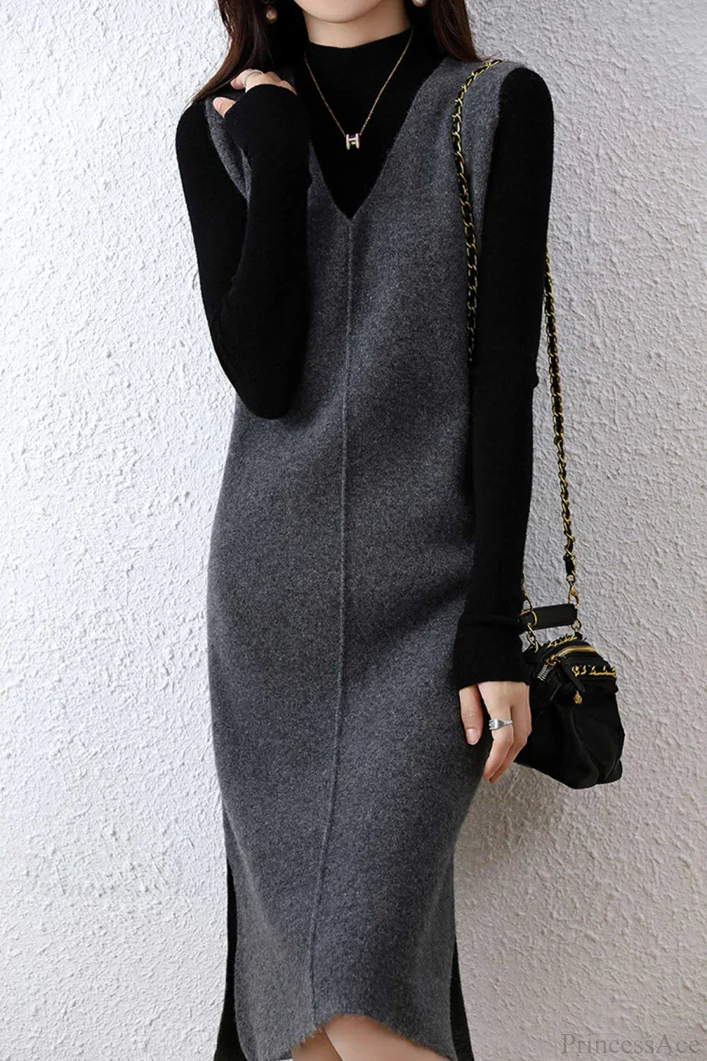 Solid Color Wool Tank Dress With V Neck