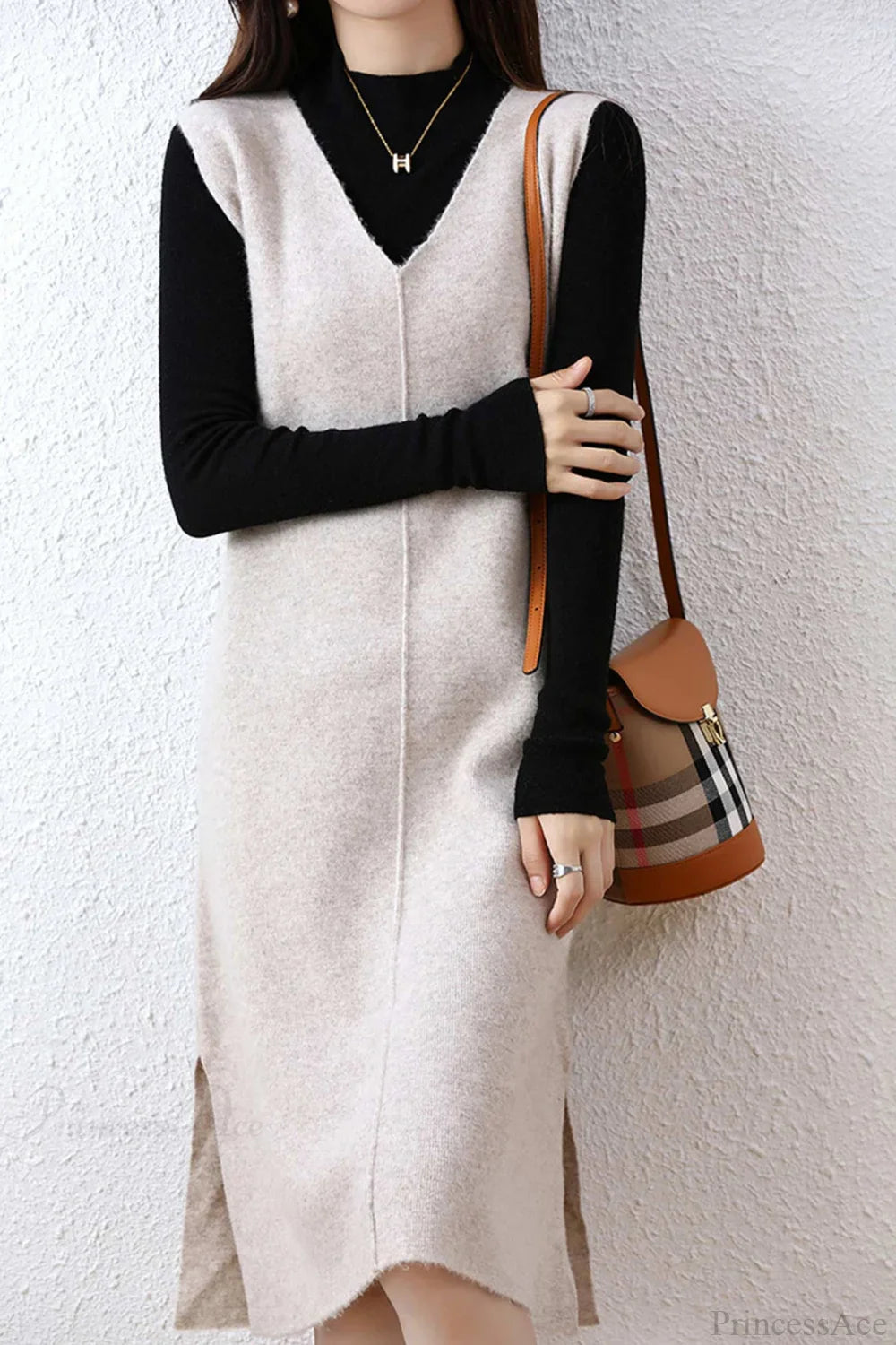 Solid Color Wool Tank Dress With V Neck
