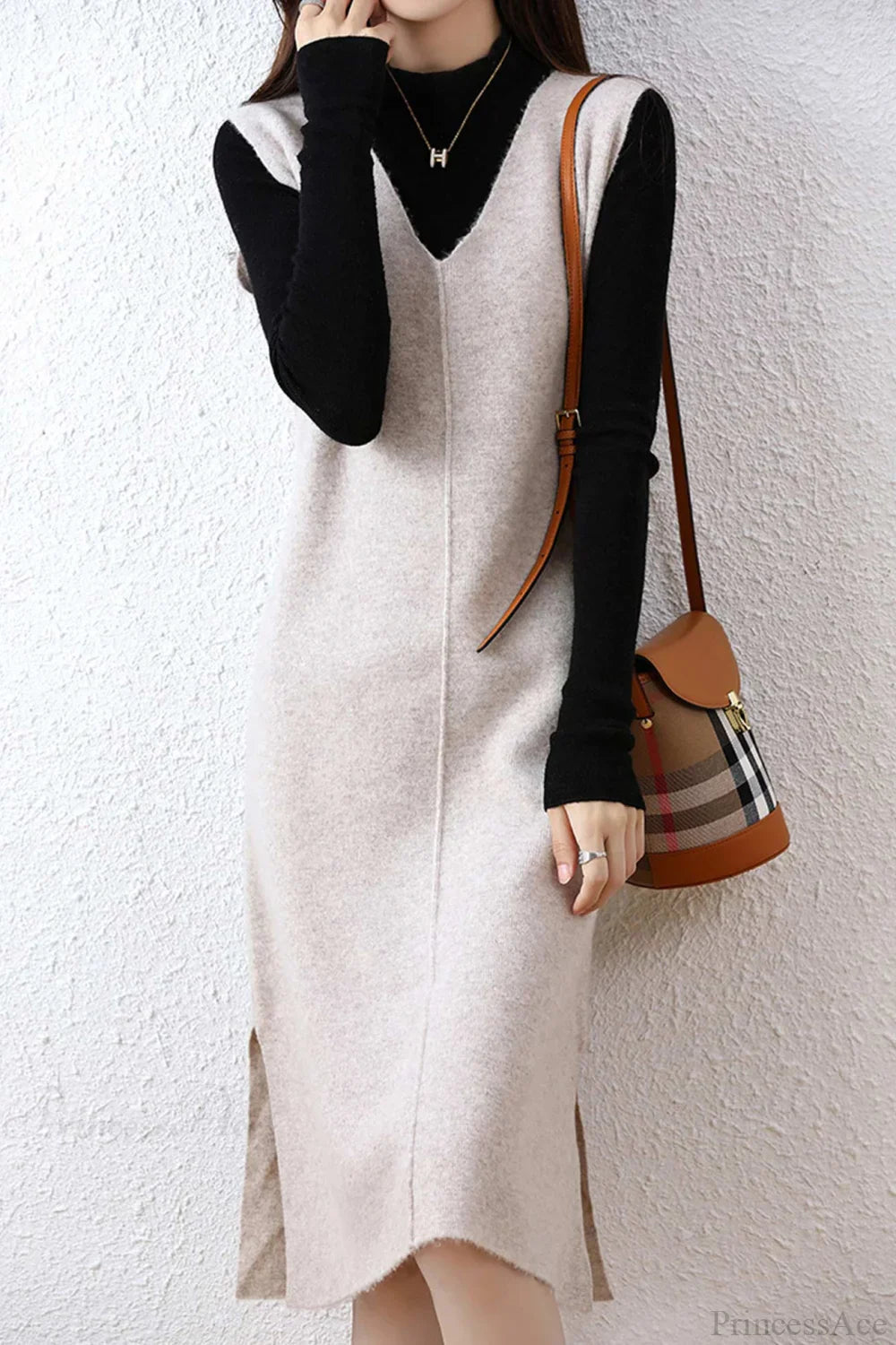 Solid Color Wool Tank Dress With V Neck