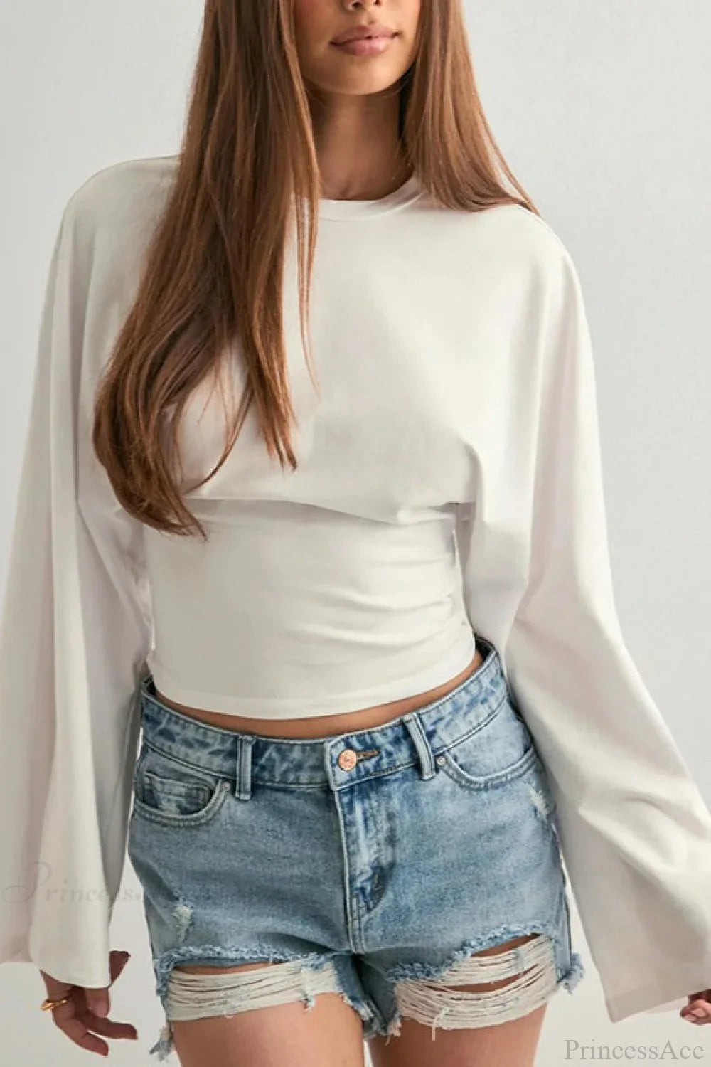 Solid Crew Neck Wide Sleeve Waist Cinched Long Tee