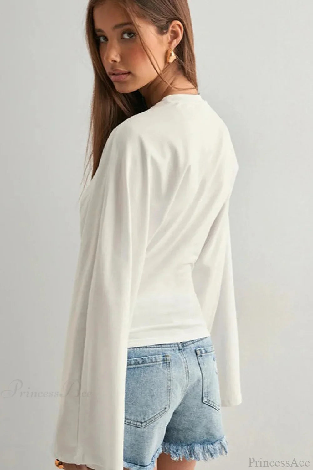 Solid Crew Neck Wide Sleeve Waist Cinched Long Tee