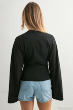 Solid Crew Neck Wide Sleeve Waist Cinched Long Tee