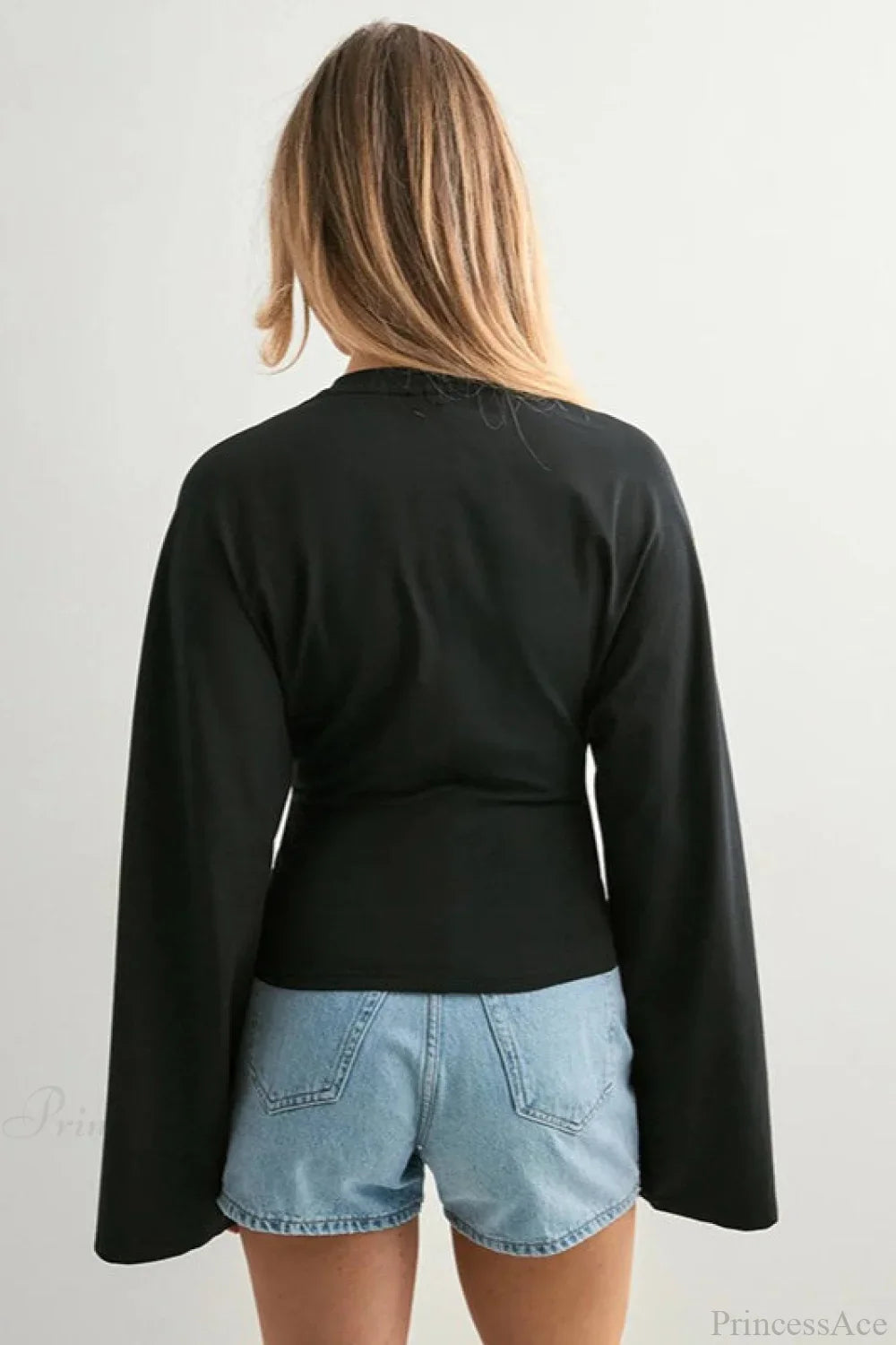 Solid Crew Neck Wide Sleeve Waist Cinched Long Tee