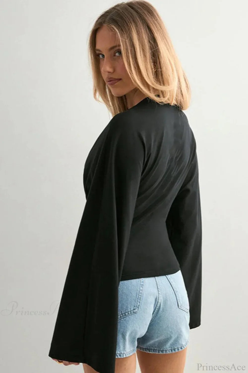 Solid Crew Neck Wide Sleeve Waist Cinched Long Tee
