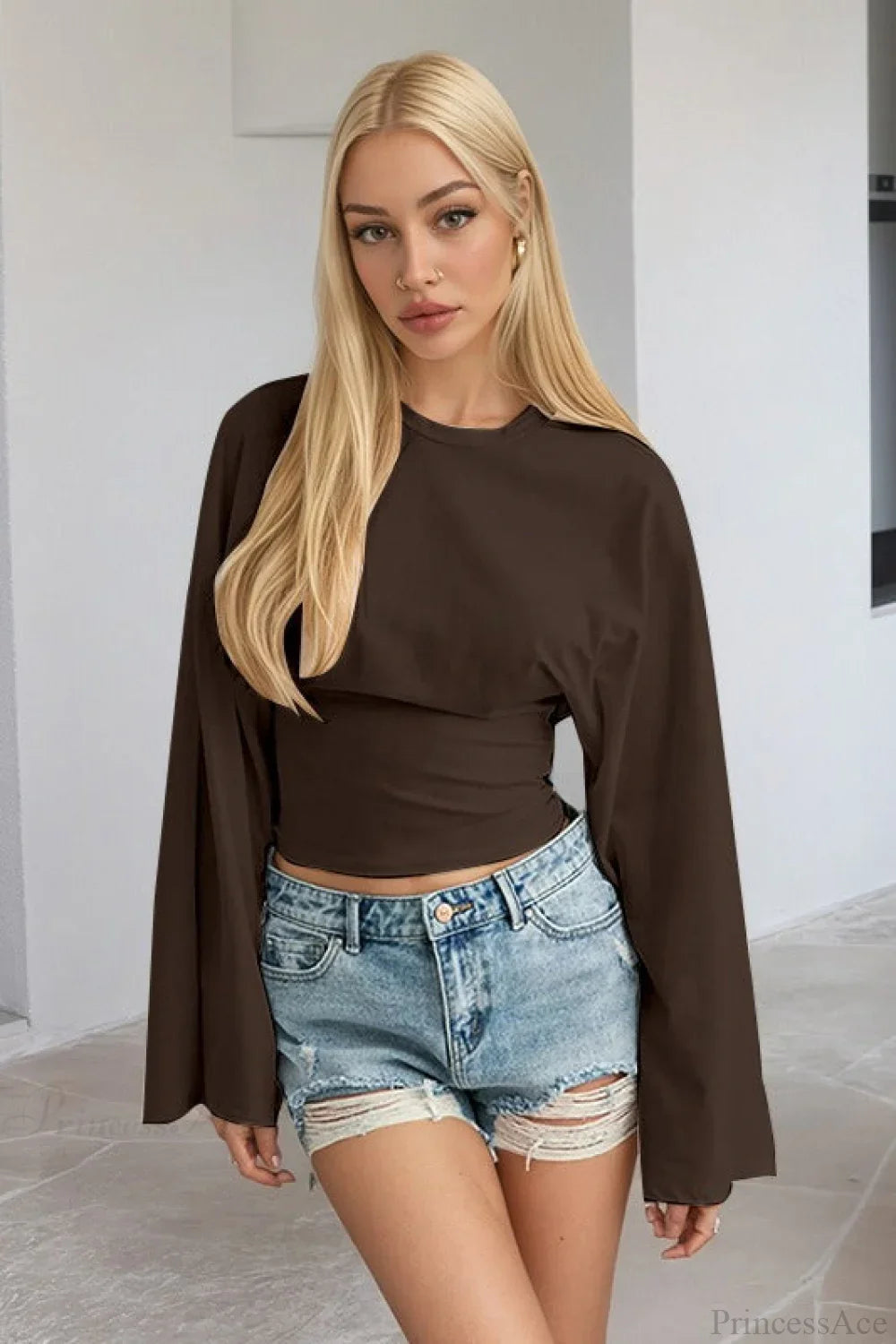 Solid Crew Neck Wide Sleeve Waist Cinched Long Tee