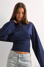 Solid Crew Neck Wide Sleeve Waist Cinched Long Tee