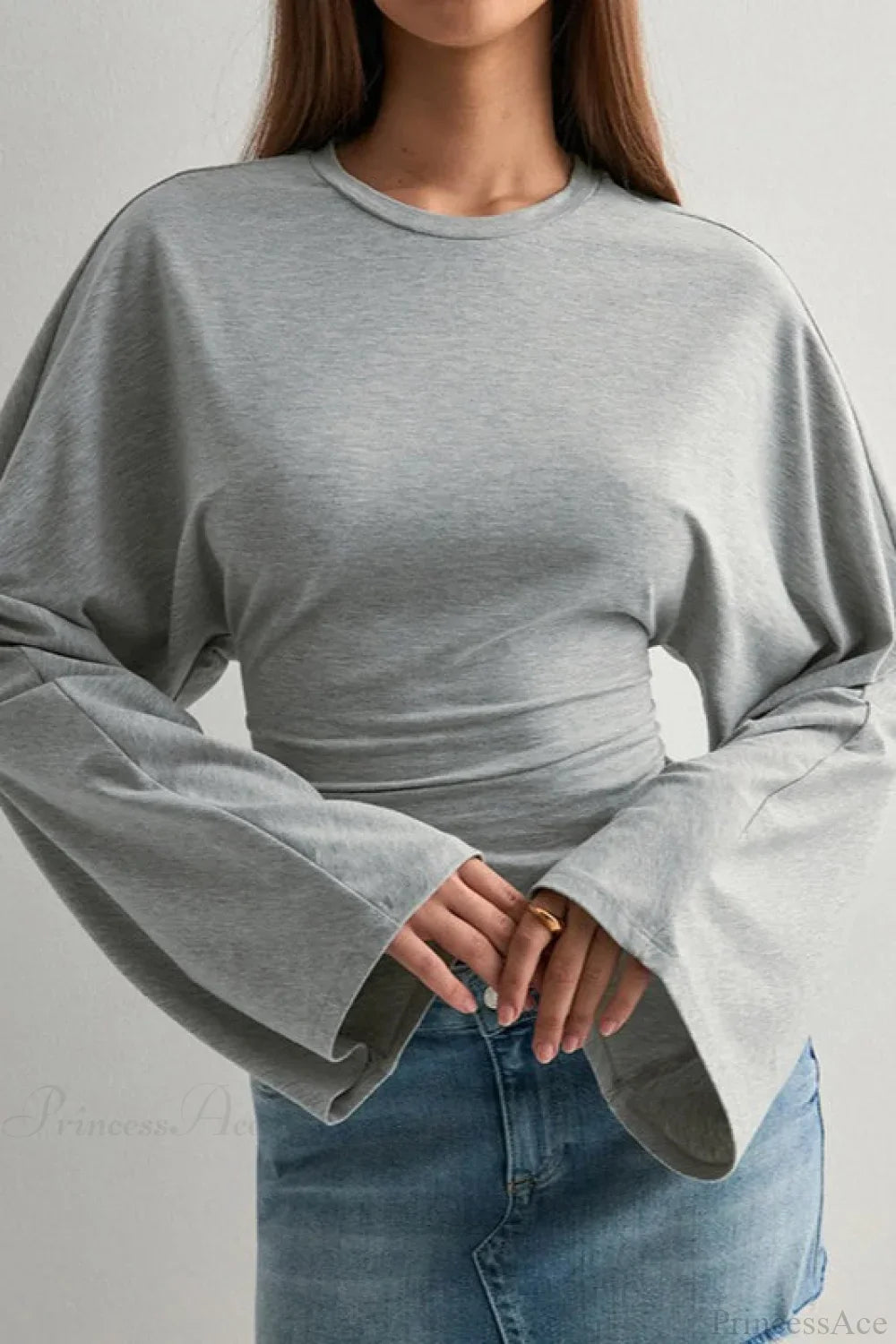 Solid Crew Neck Wide Sleeve Waist Cinched Long Tee