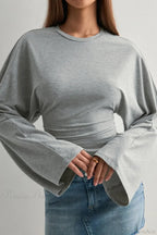 Solid Crew Neck Wide Sleeve Waist Cinched Long Tee