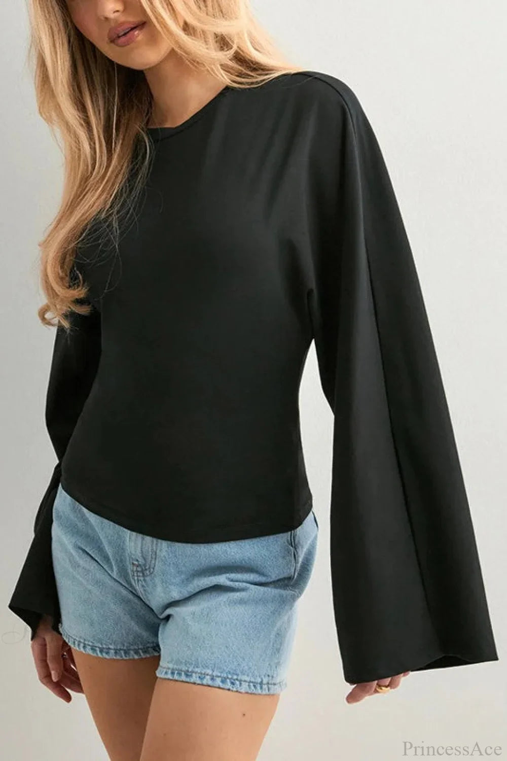 Solid Crew Neck Wide Sleeve Waist Cinched Long Tee