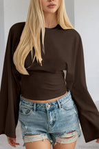 Solid Crew Neck Wide Sleeve Waist Cinched Long Tee
