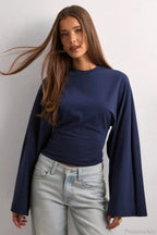 Solid Crew Neck Wide Sleeve Waist Cinched Long Tee