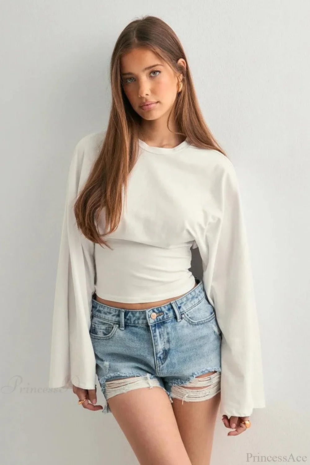 Solid Crew Neck Wide Sleeve Waist Cinched Long Tee