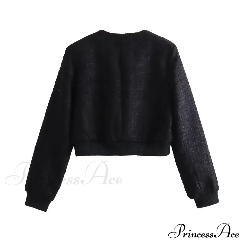 Solid Cropped Tweed Buttoned Round Neck Long Sleeve Short Autumn Stylish Coat