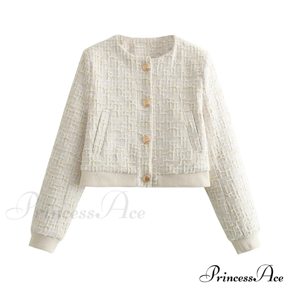Solid Cropped Tweed Buttoned Round Neck Long Sleeve Short Autumn Stylish Coat