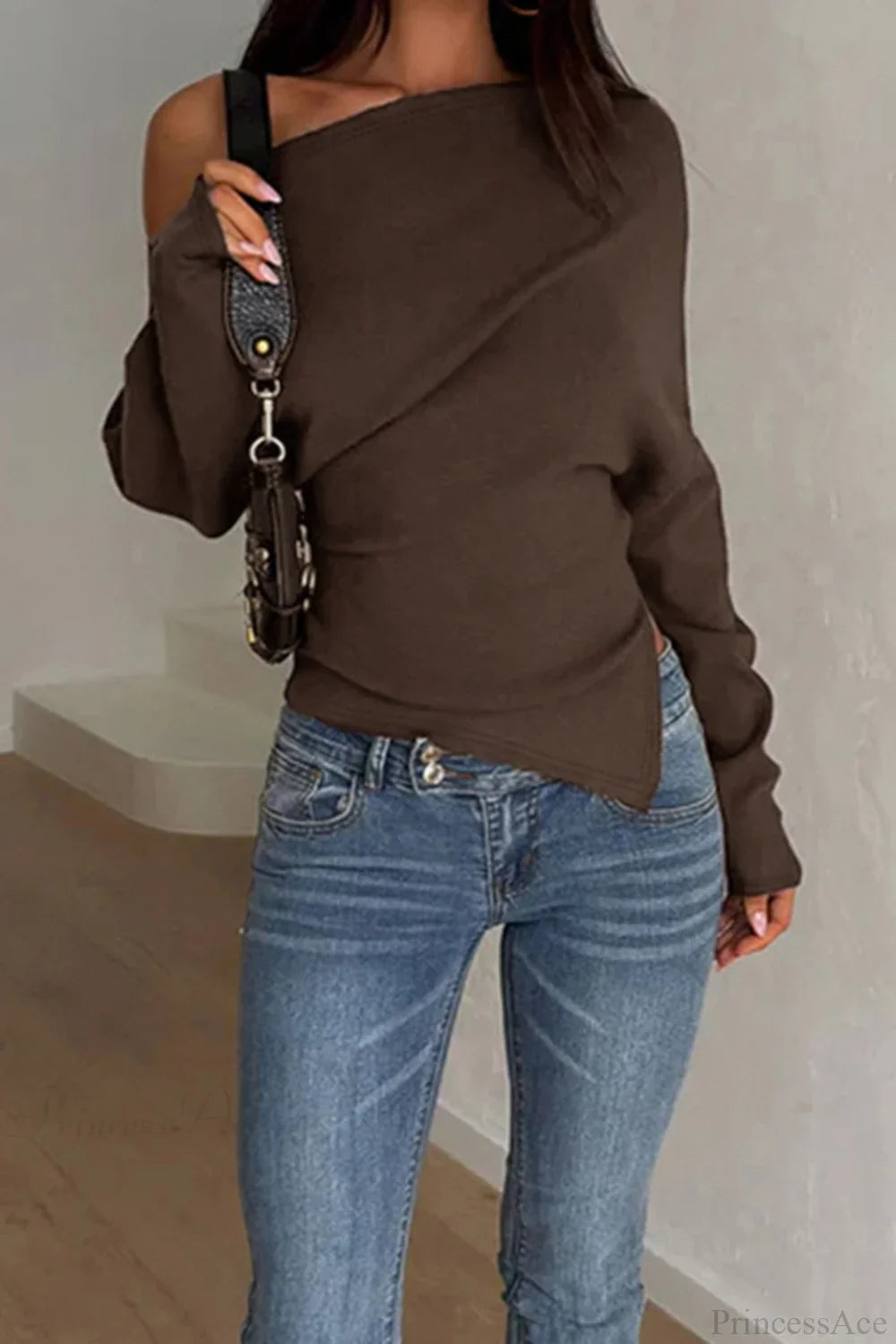 Solid Fleece Off-Shoulder Slim Long Sleeve Tee