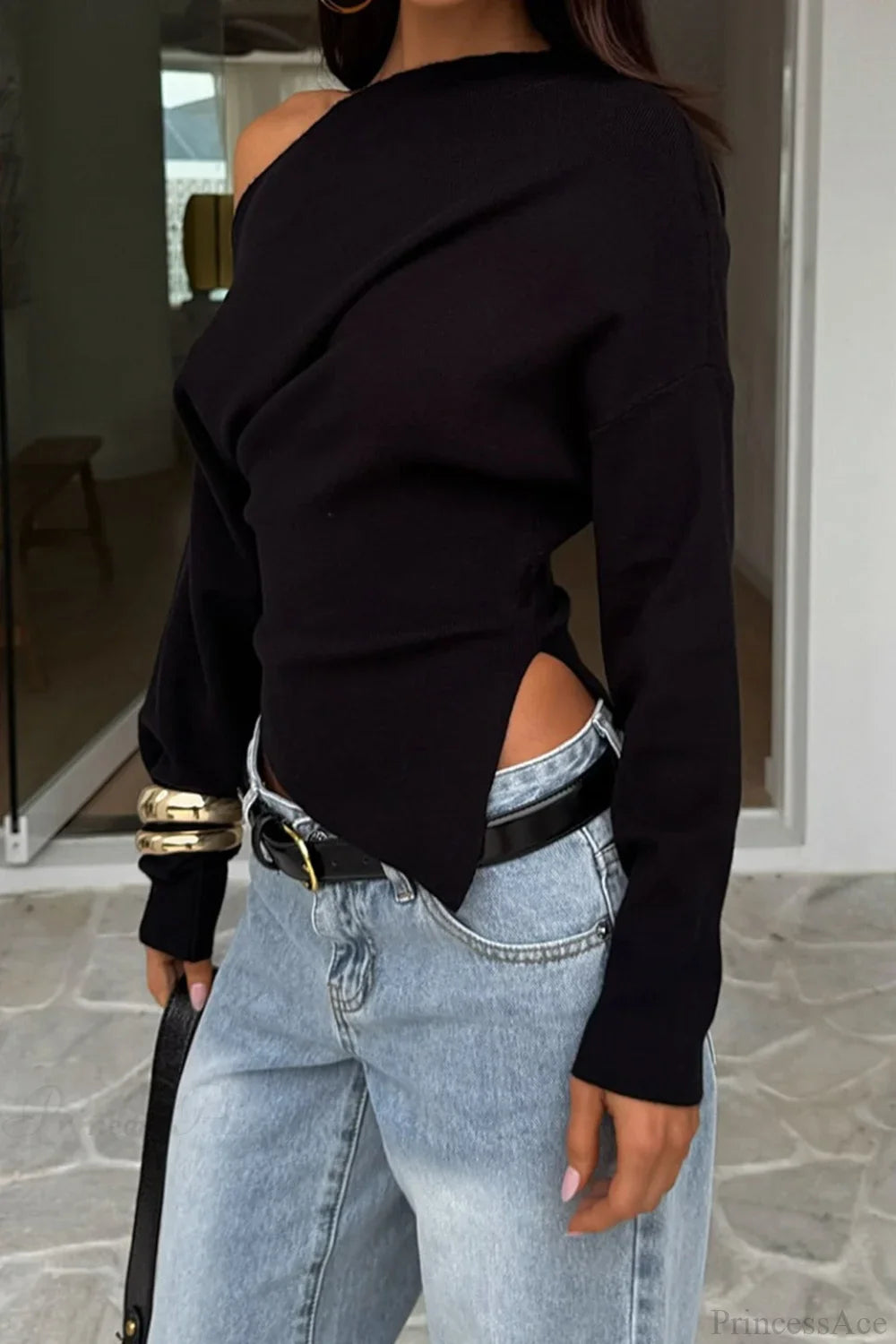 Solid Fleece Off-Shoulder Slim Long Sleeve Tee