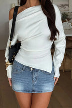Solid Fleece Off-Shoulder Slim Long Sleeve Tee