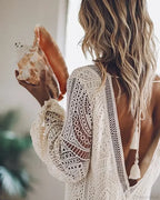 Solid Full Sleeve Hollow Out V-Neck Mini Boho Dress