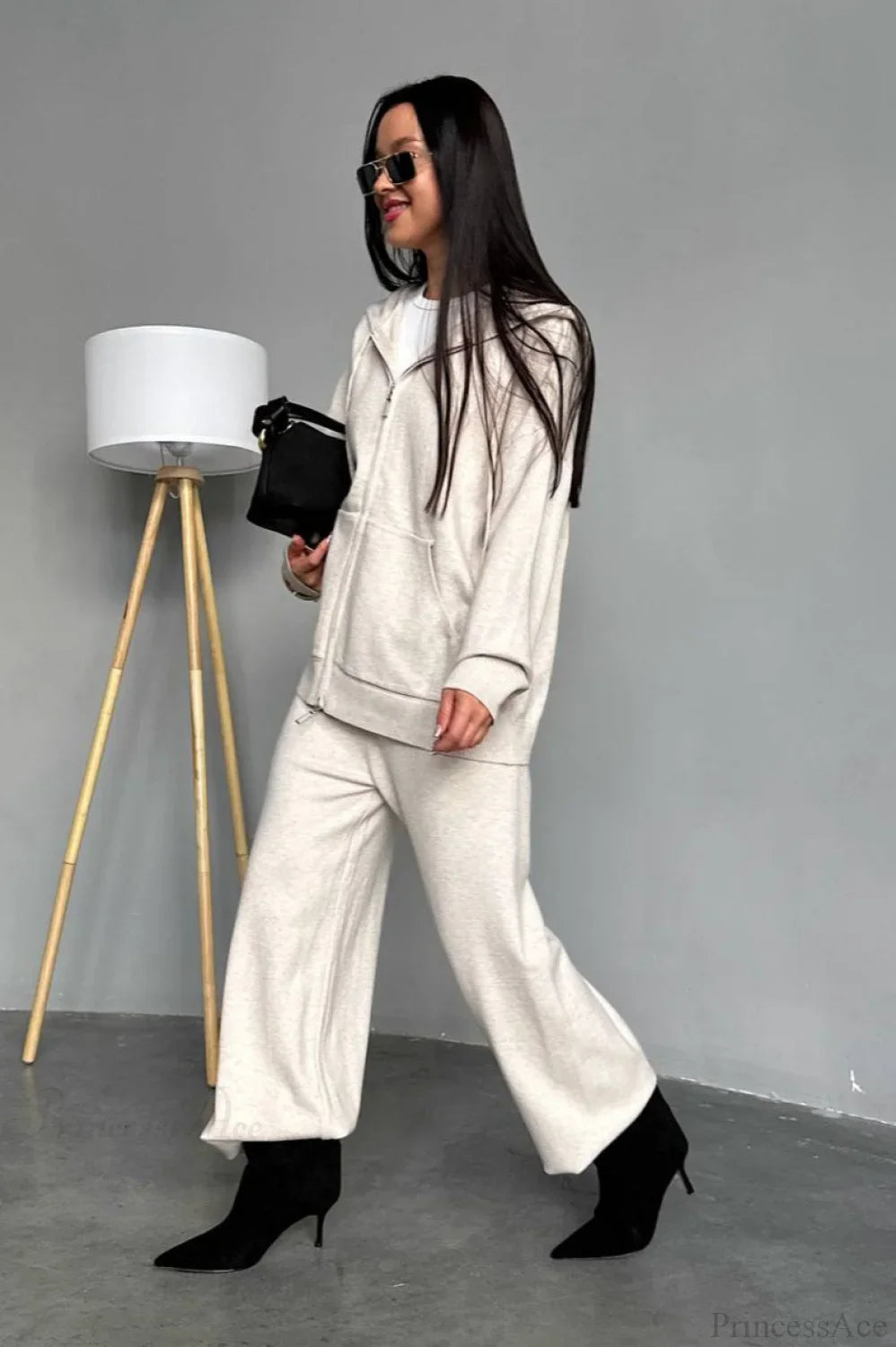 Solid Knit Hooded Straight-Leg Two Piece Set
