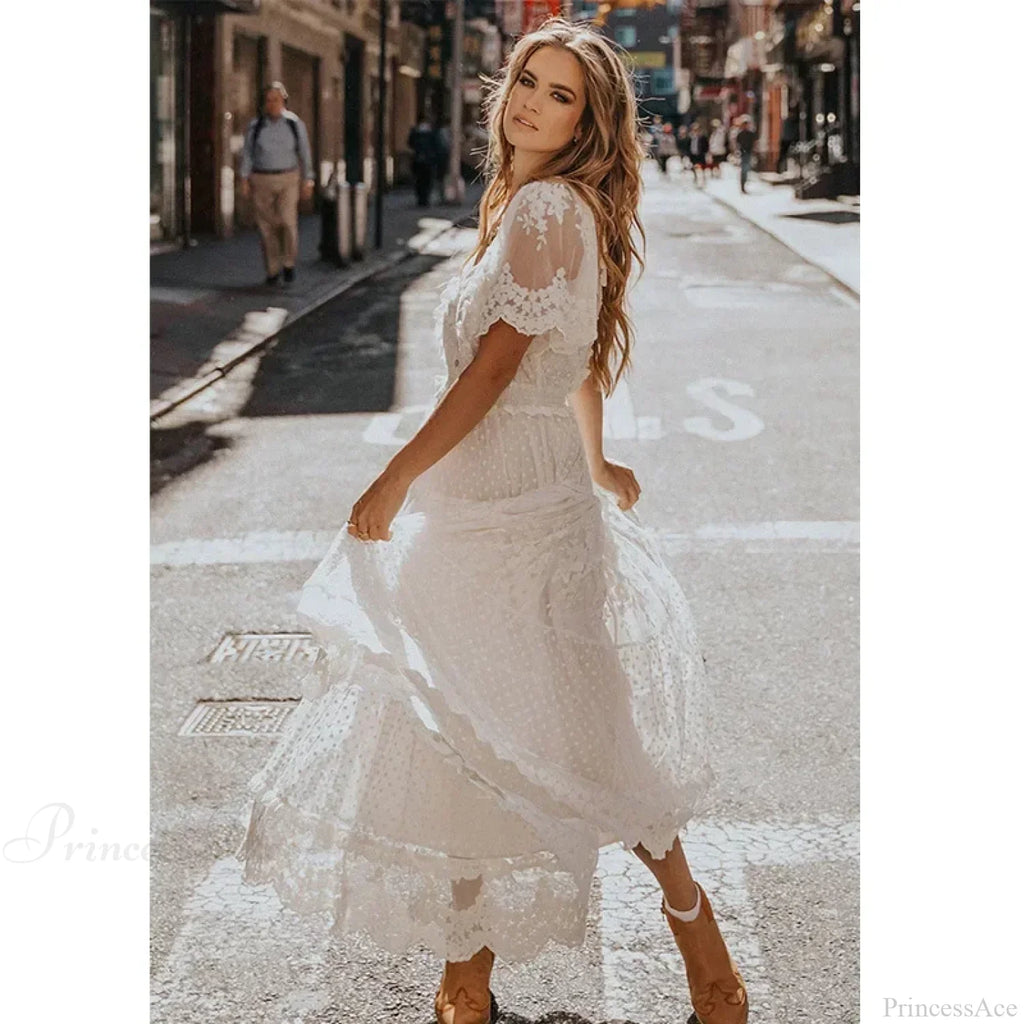 Solid Lace Short Sleeve V-Neck Maxi Boho Dress