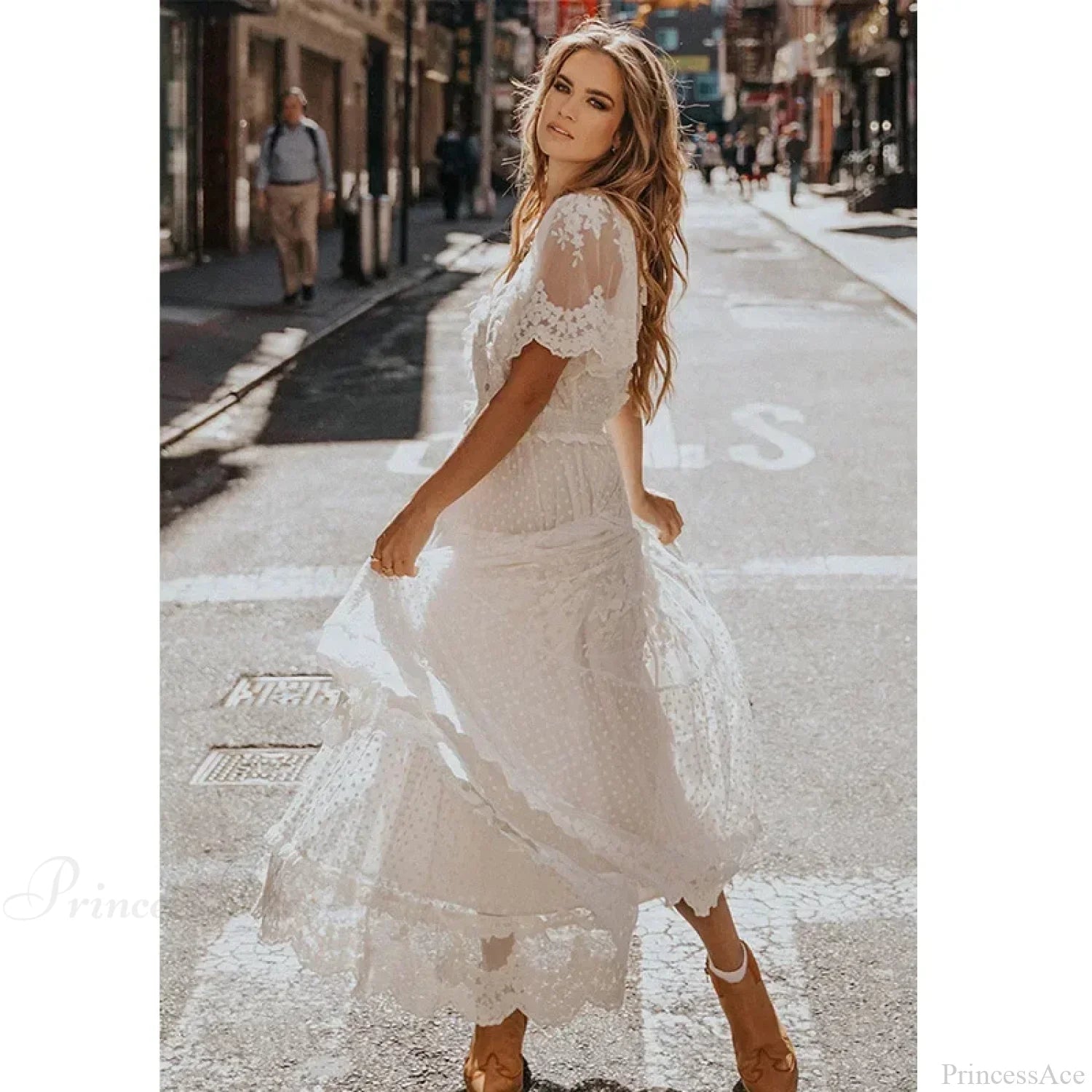 Solid Lace Short Sleeve V-Neck Maxi Boho Dress