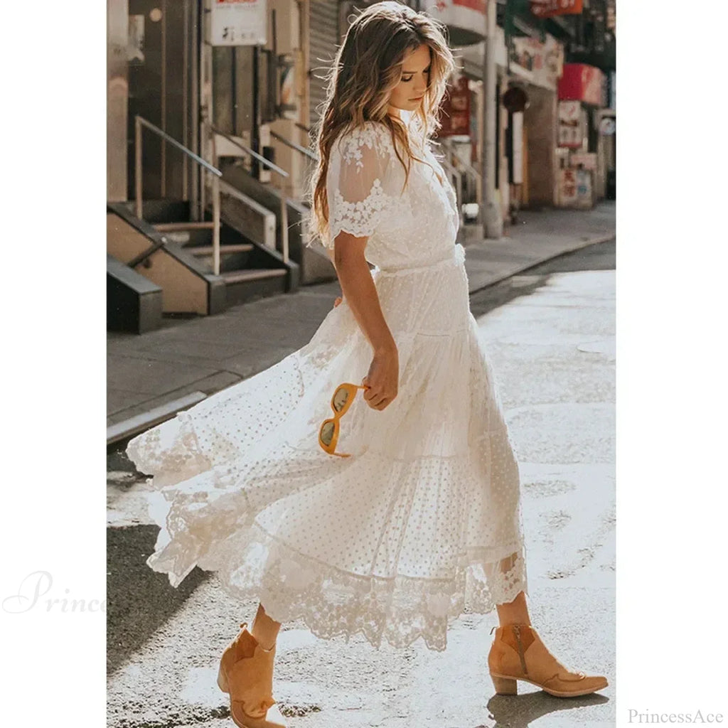 Solid Lace Short Sleeve V-Neck Maxi Boho Dress