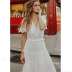 Solid Lace Short Sleeve V-Neck Maxi Boho Dress