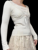 Solid Lace Trim Deep V-Neck Slim Long Sleeve Knit Top