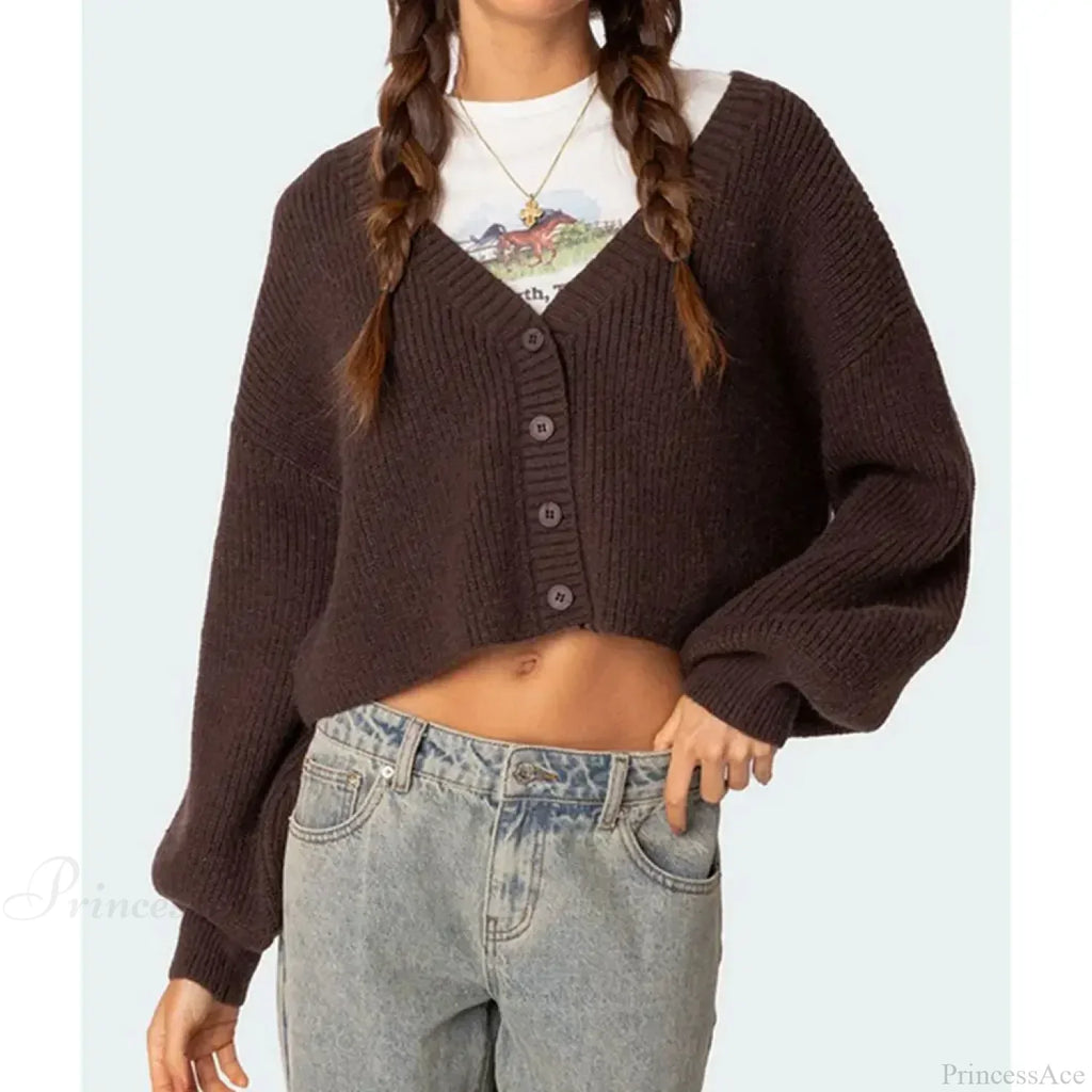 Solid Lantern Sleeve Button Down Knit Cardigan