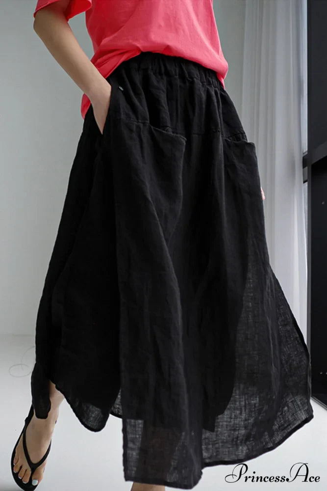Solid Linen Midi Skirt With Pockets