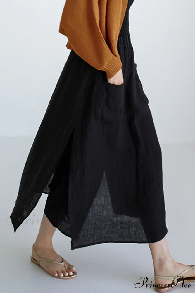 Solid Linen Midi Skirt With Pockets