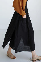 Solid Linen Midi Skirt With Pockets
