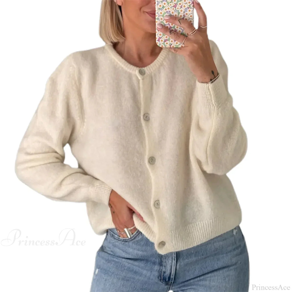 Solid O-Neck Cropped Knitted Cardigan
