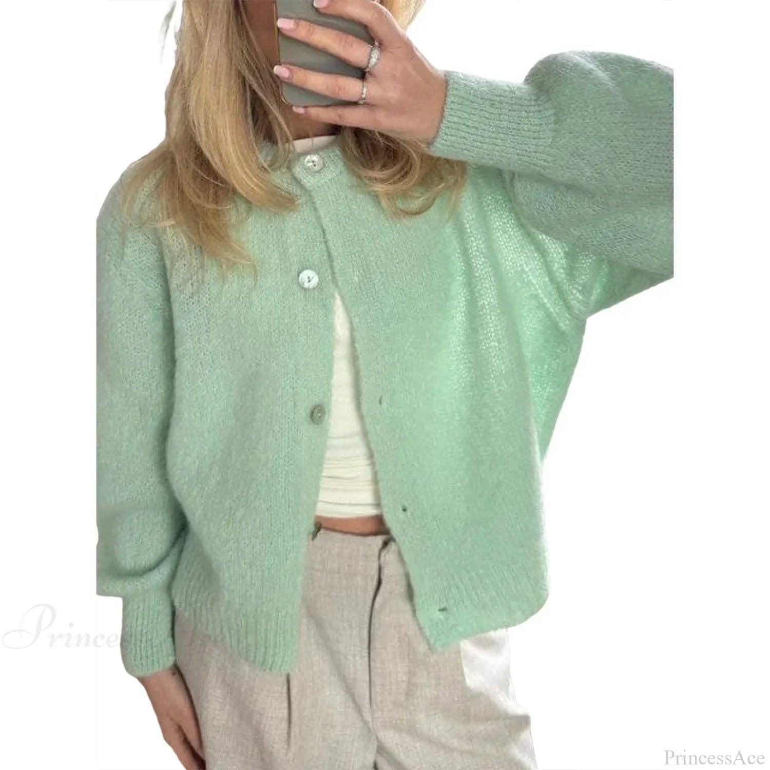Solid O-Neck Cropped Knitted Cardigan