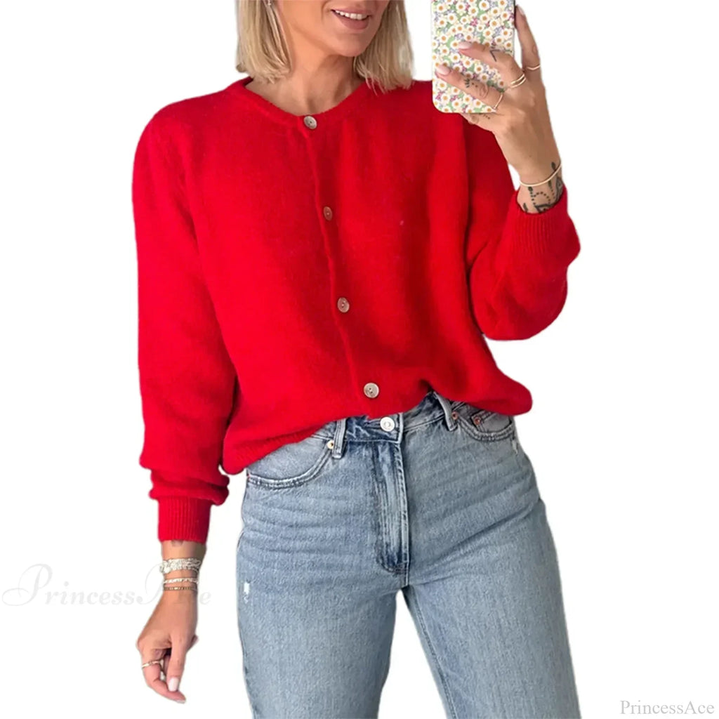Solid O-Neck Cropped Knitted Cardigan