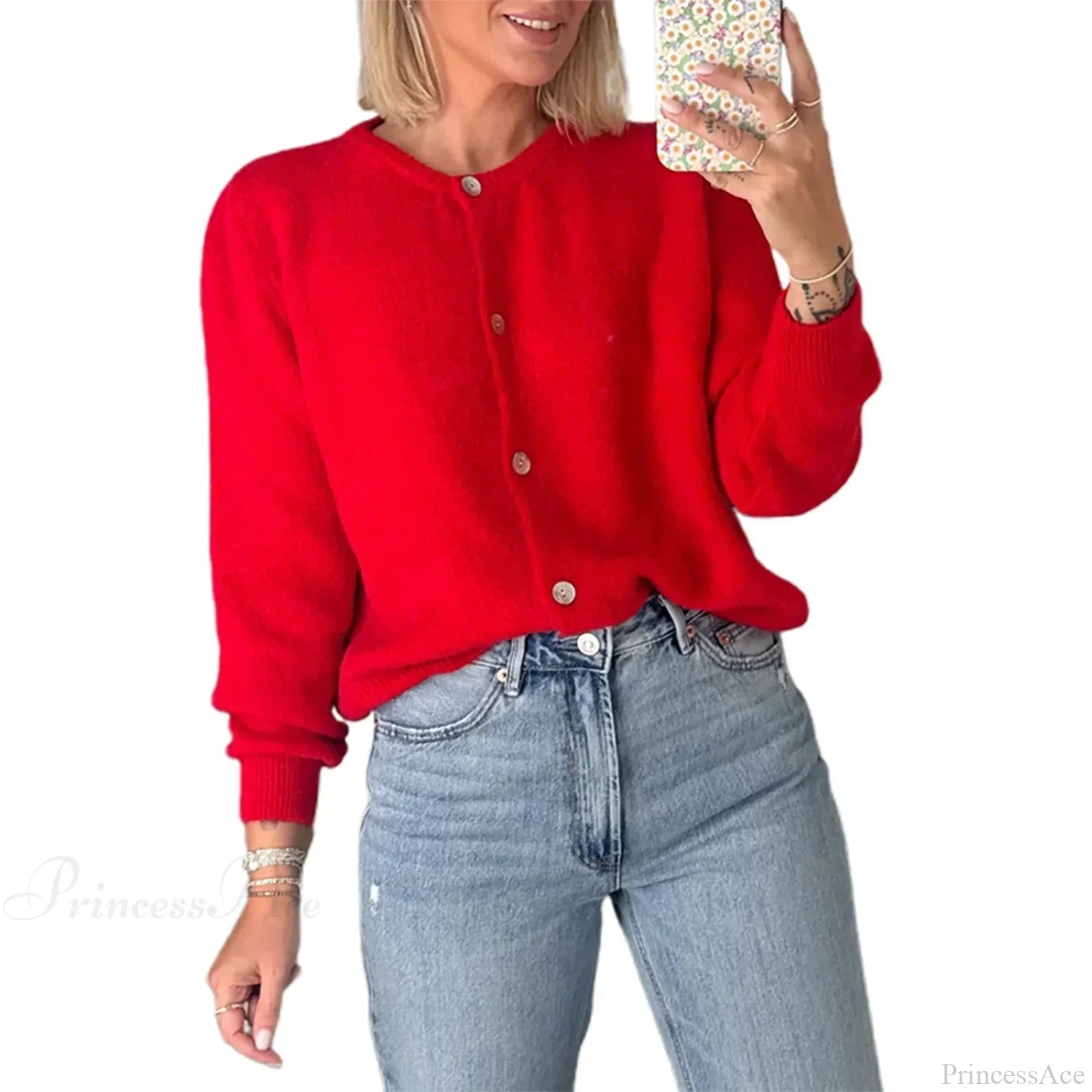Solid O-Neck Cropped Knitted Cardigan